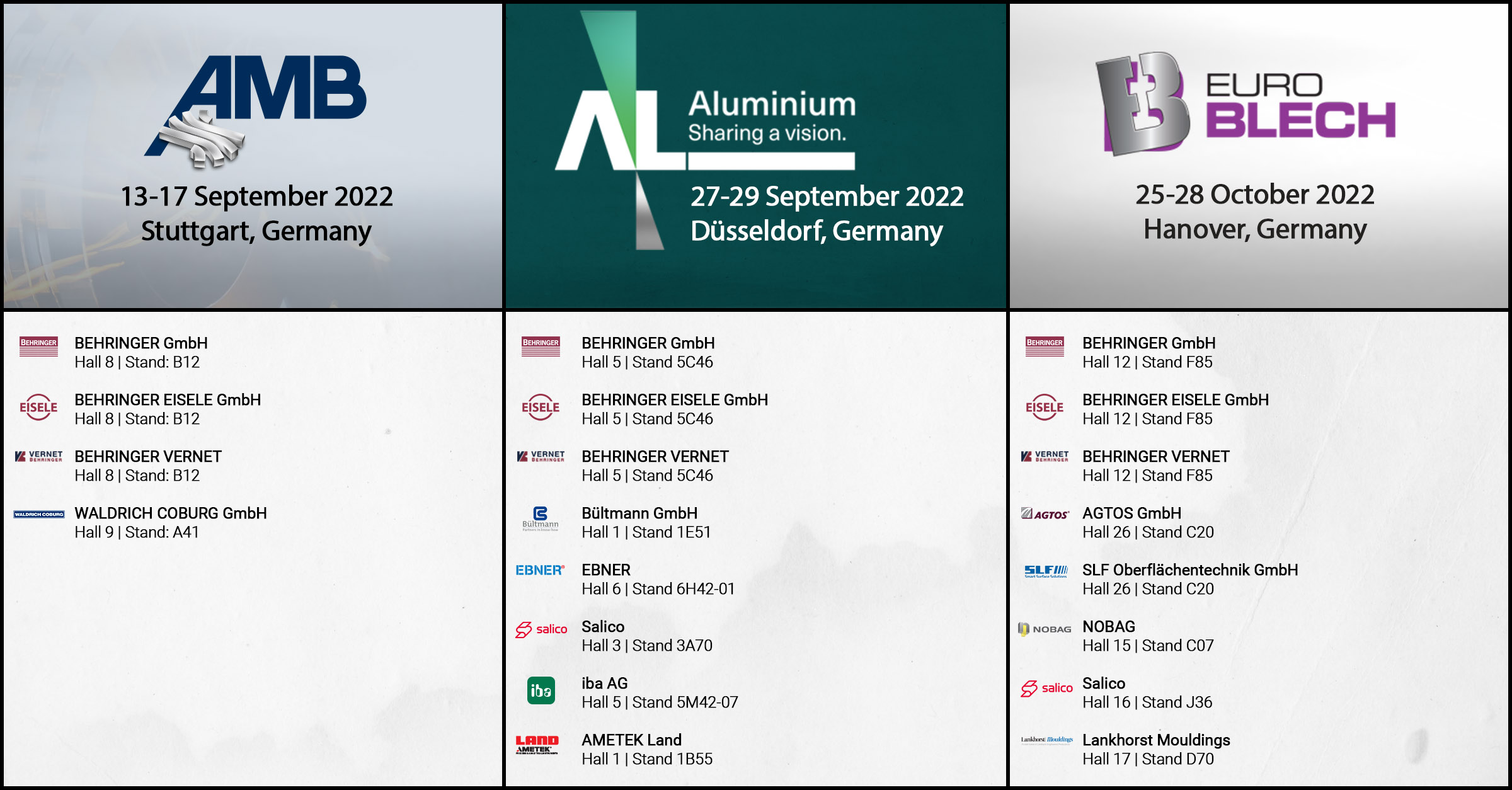 AMB 2022, EuroBlech 2022, Aluminium 2022, Mässor i Tyskland